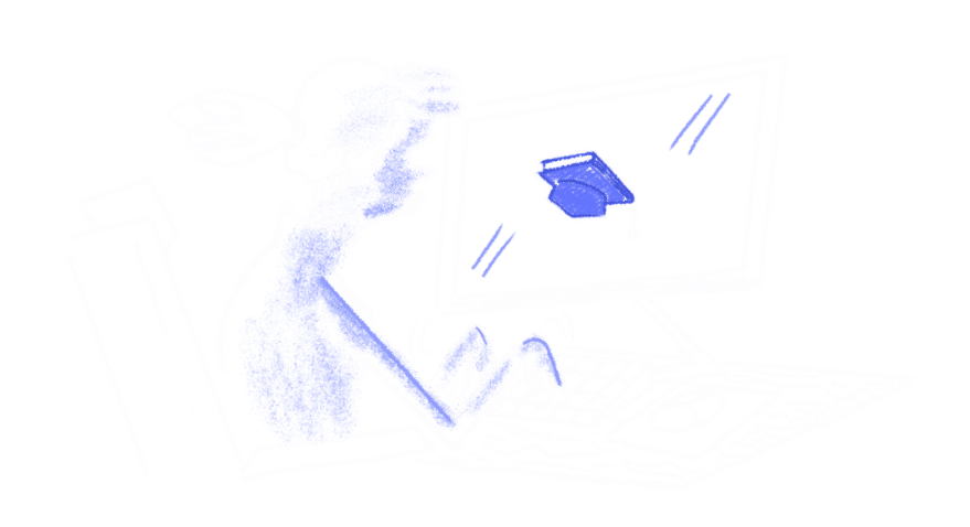 illustrasjon av en student eller elev som ser på enkeleksamen sine digitale videokurs på pcen sin