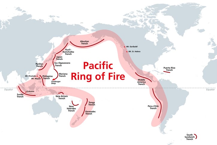 Pacific Ring of Fire, world map with oceanic trenches. The Rim of Fire, or also  Circum-Pacific Belt. Region around the rim of the Pacific Ocean, where many volcanic eruptions and earthquakes occur.