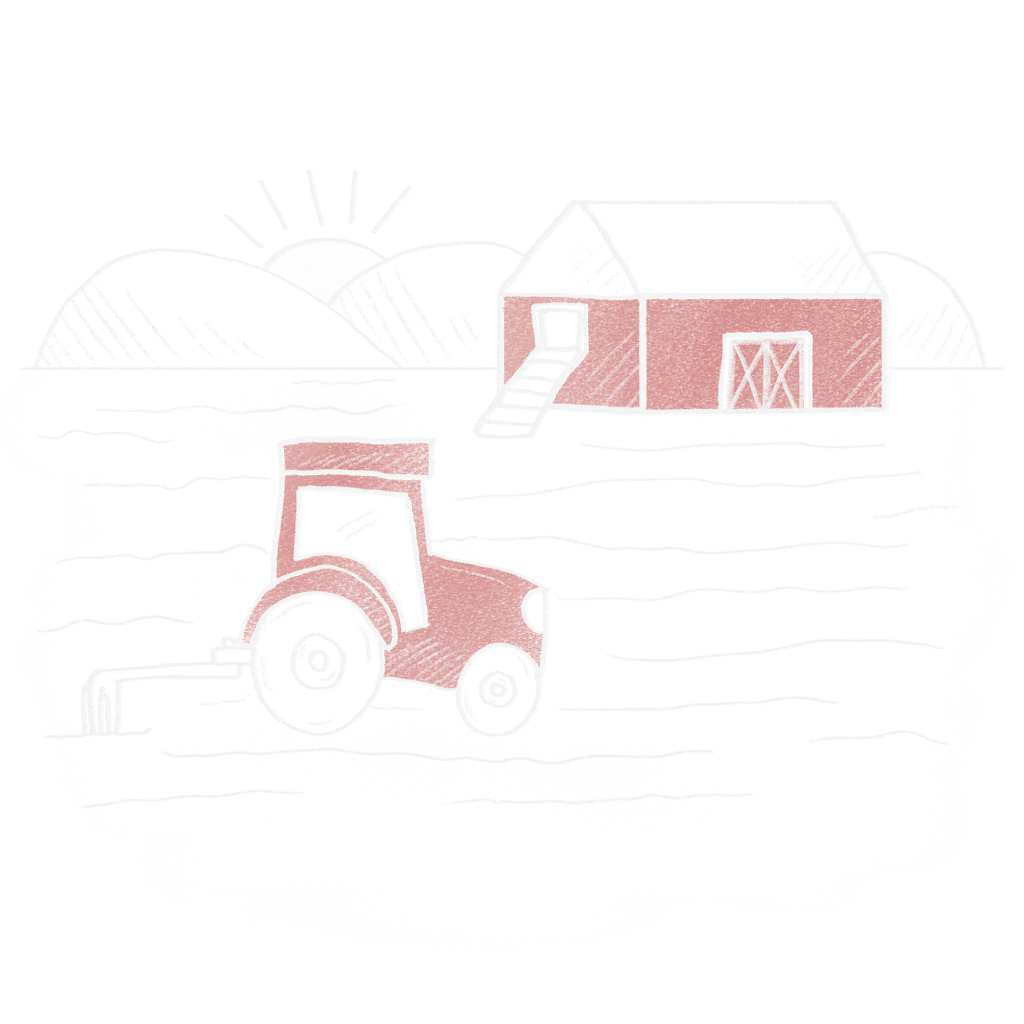 illustrasjon av en gård med traktor og landbruksområde